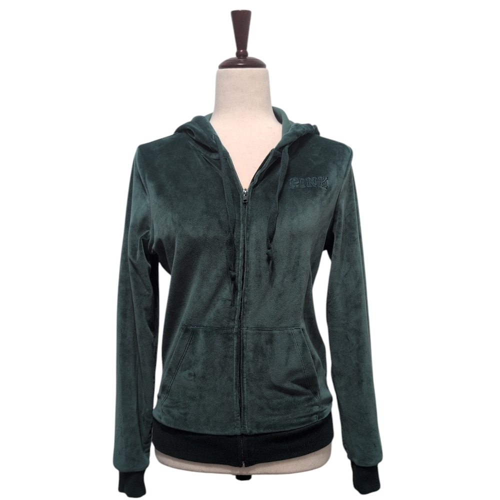 Pink Victoria's Secret Velour Full Zip Hoodie Dark Green XS